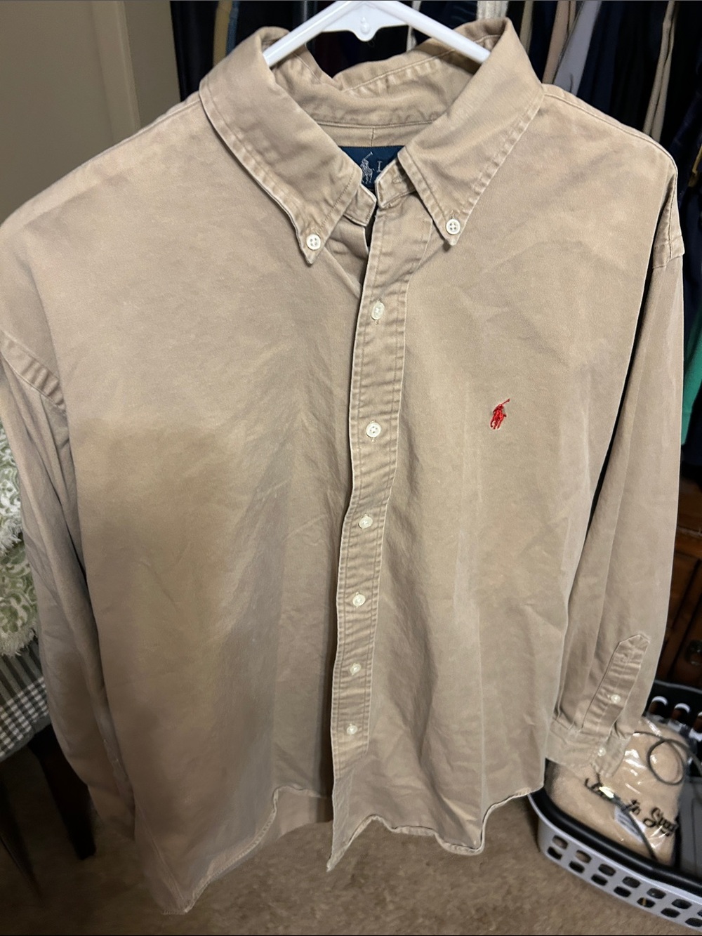 Ralph Lauren Men's Taupe Button-Down Shirt with Red Pony
